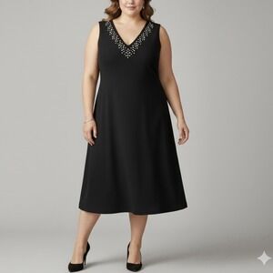 NWT Calvin Klein Black Sleeveless  Rhinestone Stretch Crepe Midi Dress Size 16W